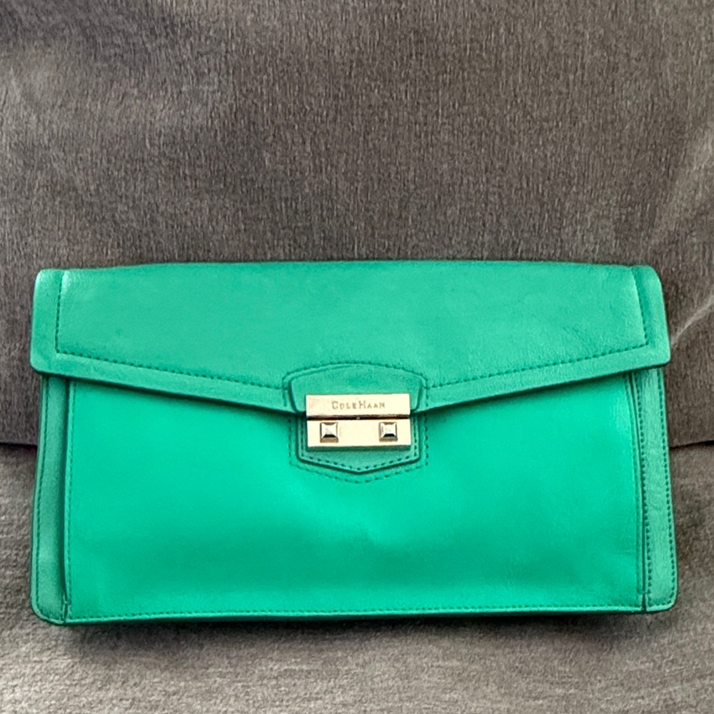 Cole Haan Emerald Green Leather Envelope Clutch with silver -Tone Push Lock